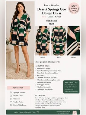 Lost + Wander Desert Springs Geo design Dress pink green cream Large NWT